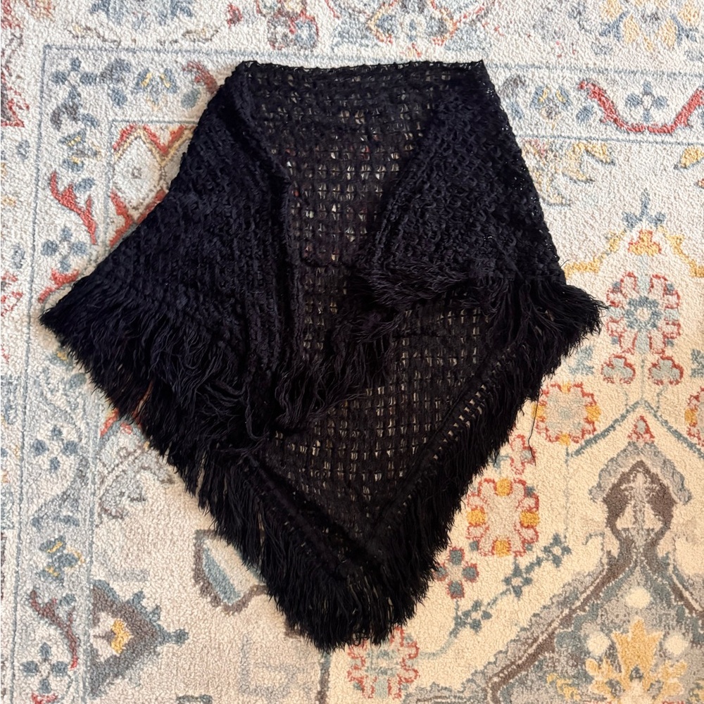 Black Crocheted Fringe Shawl